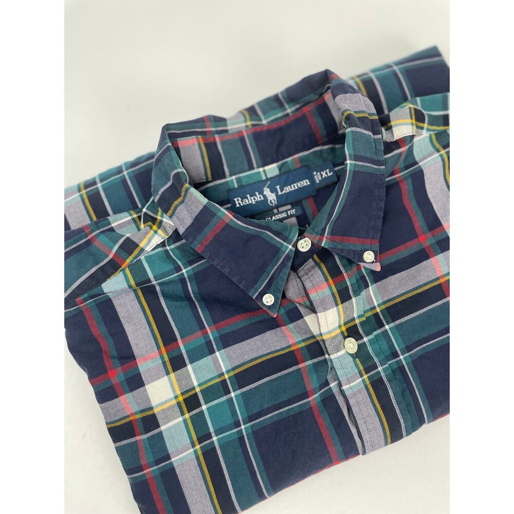 Ralph Lauren Button Down Shirt Men’s XL Blue/Green Plaid Long Sleeve Red Logo